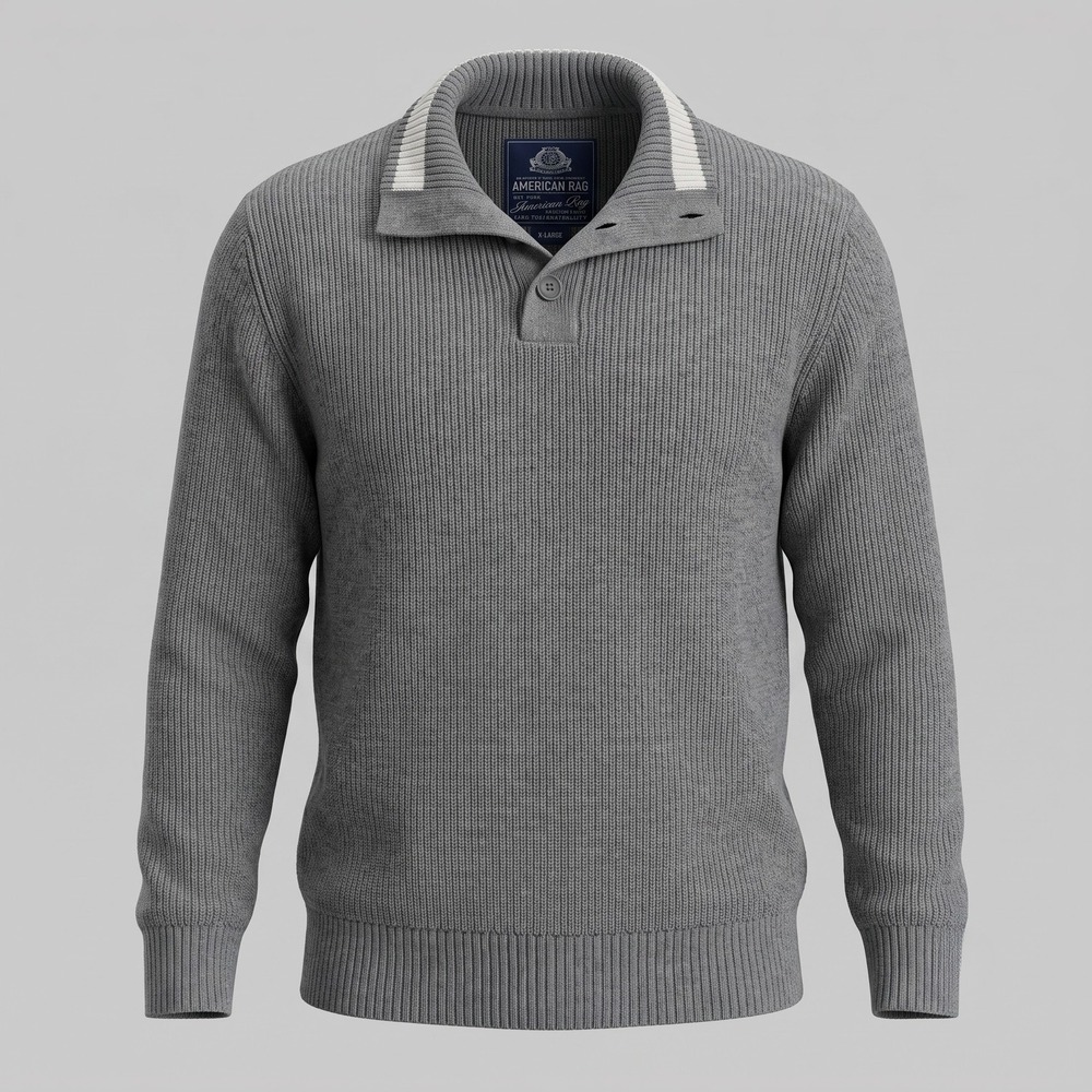 American Rag Men XL Gray Sweater Mock Neck Button Pullover Ribbed 100% Cotton